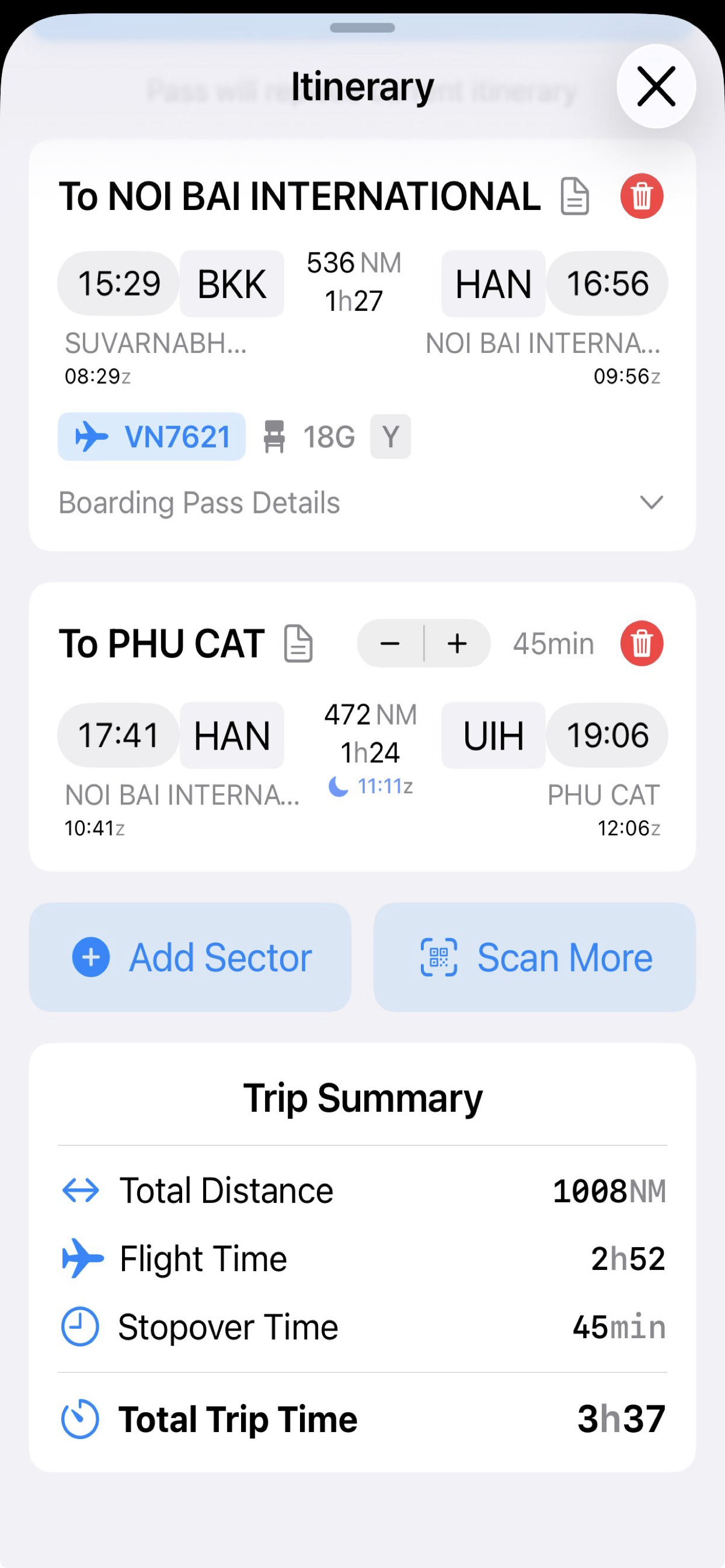 Off 2 flight itinerary on iPhone
