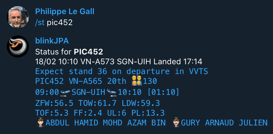 Flight status update in messaging channel