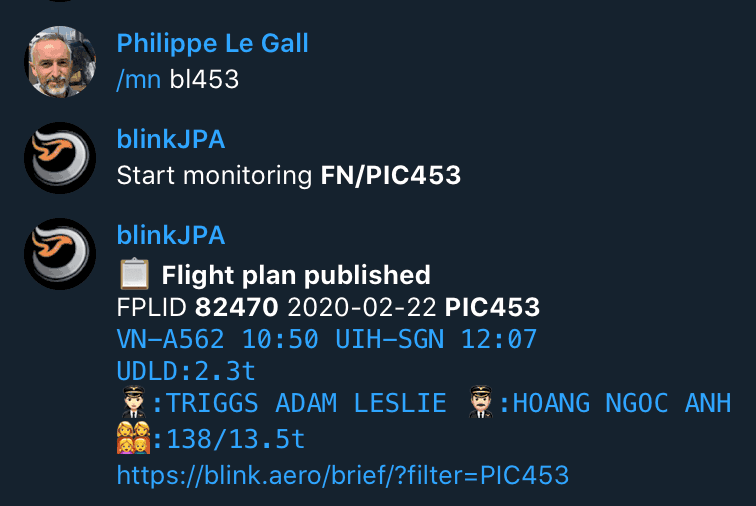 Flight monitoring status delivered via messaging