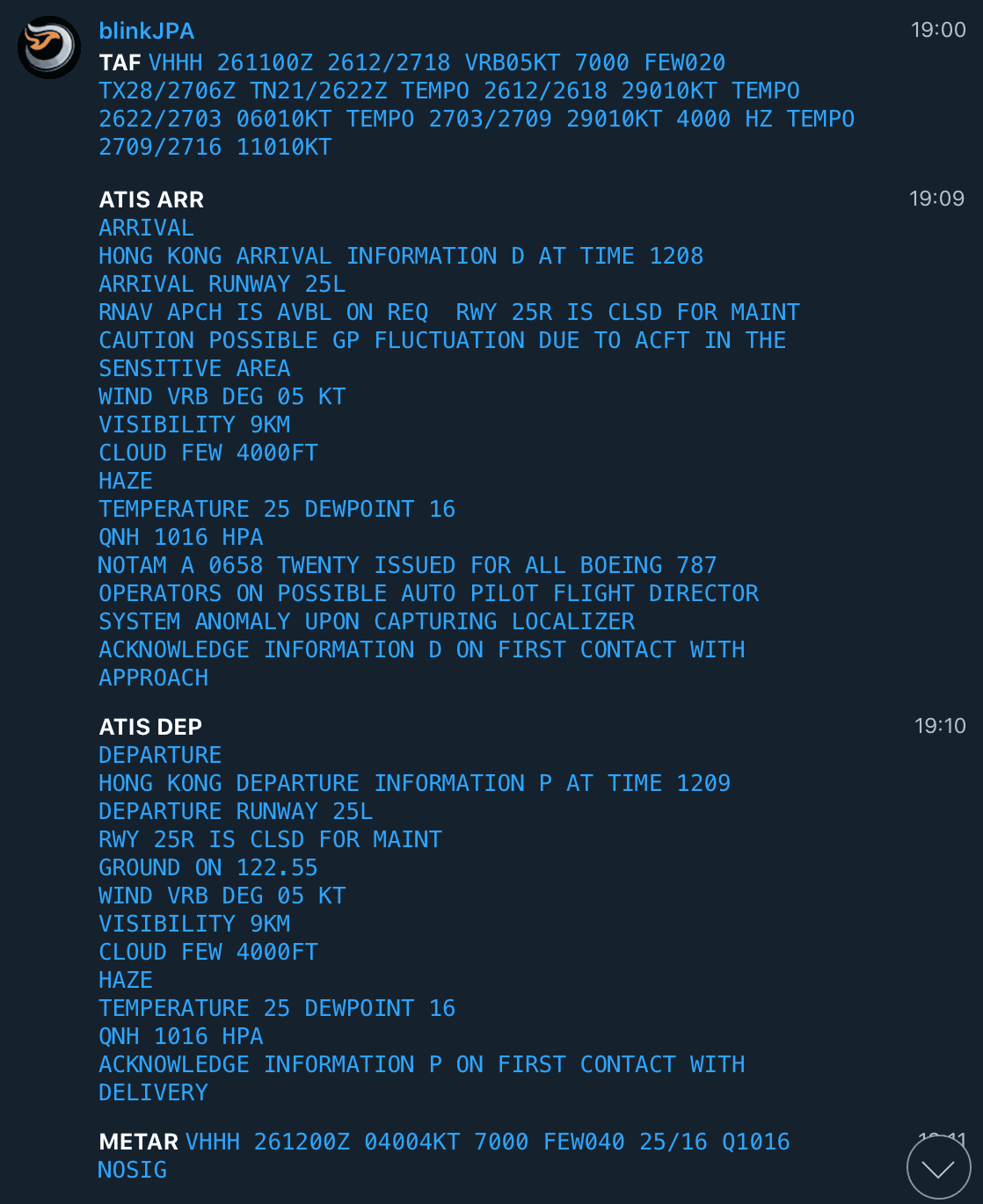 Weather monitoring via BlinkAero direct message