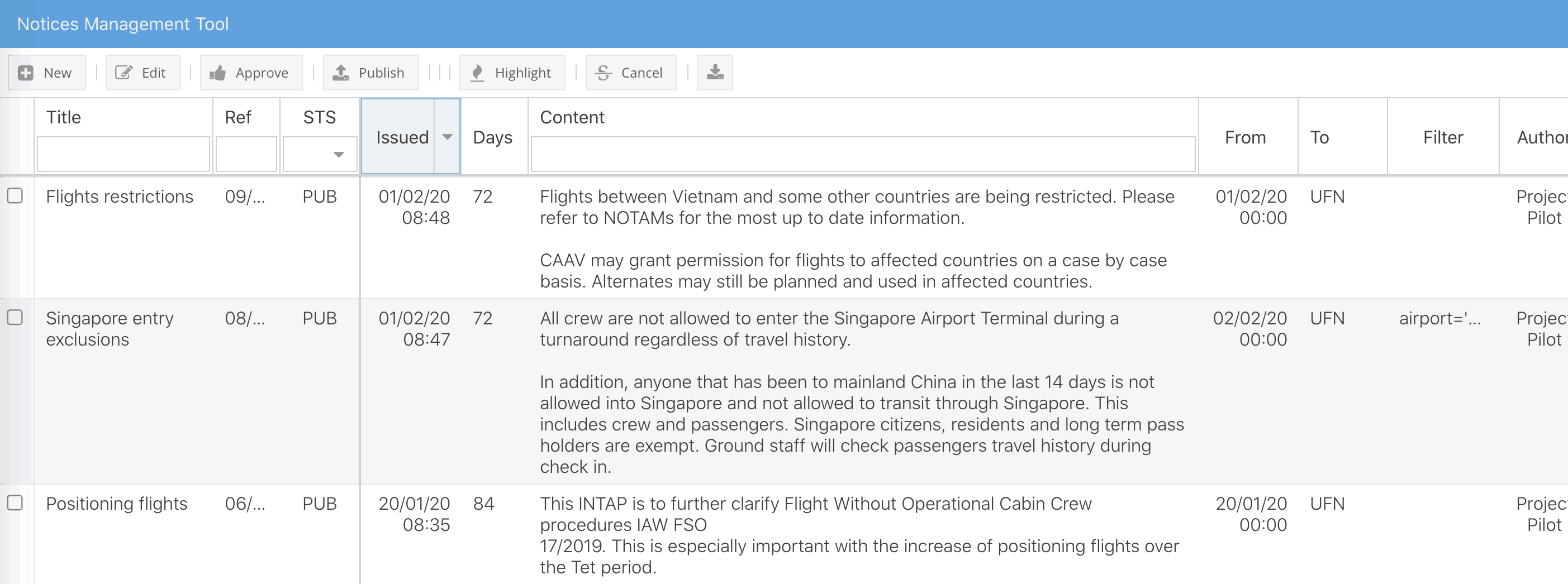 Crew Notices overview screen showing all active notices