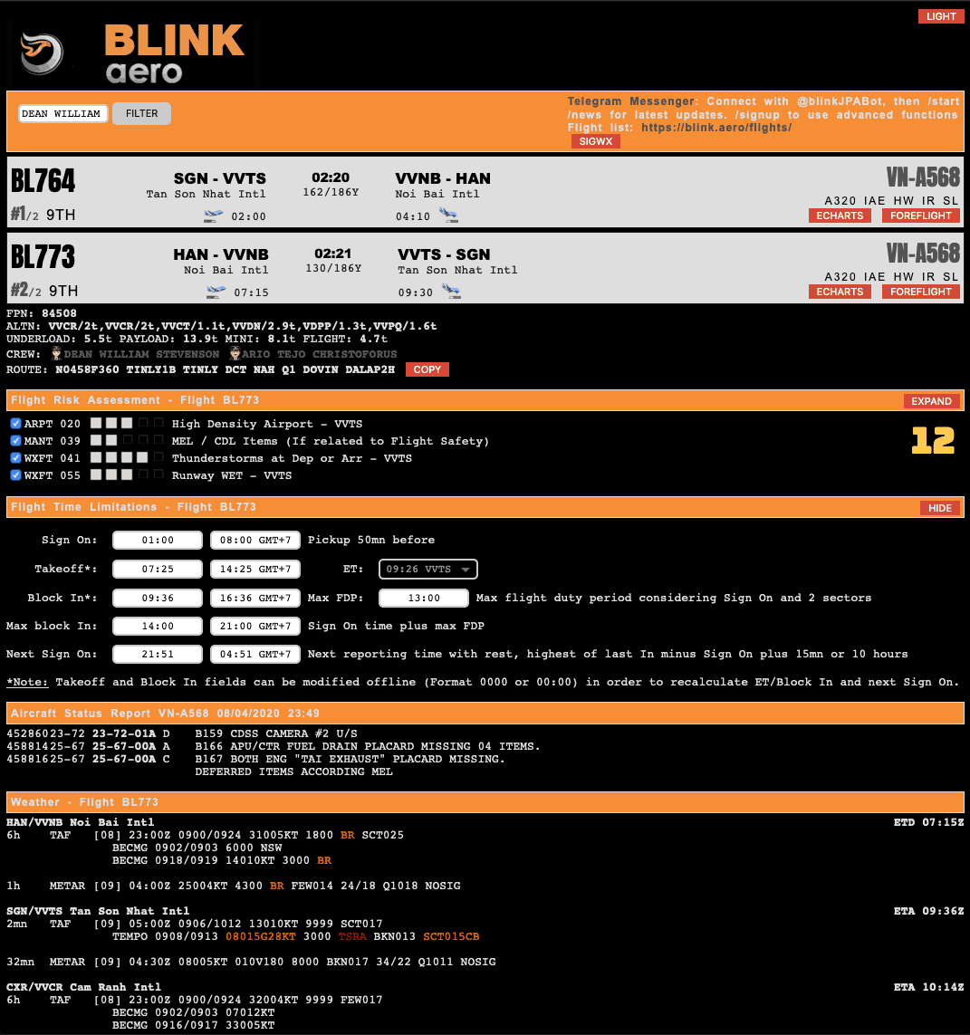 Flight Briefing web interface showing pre-flight package