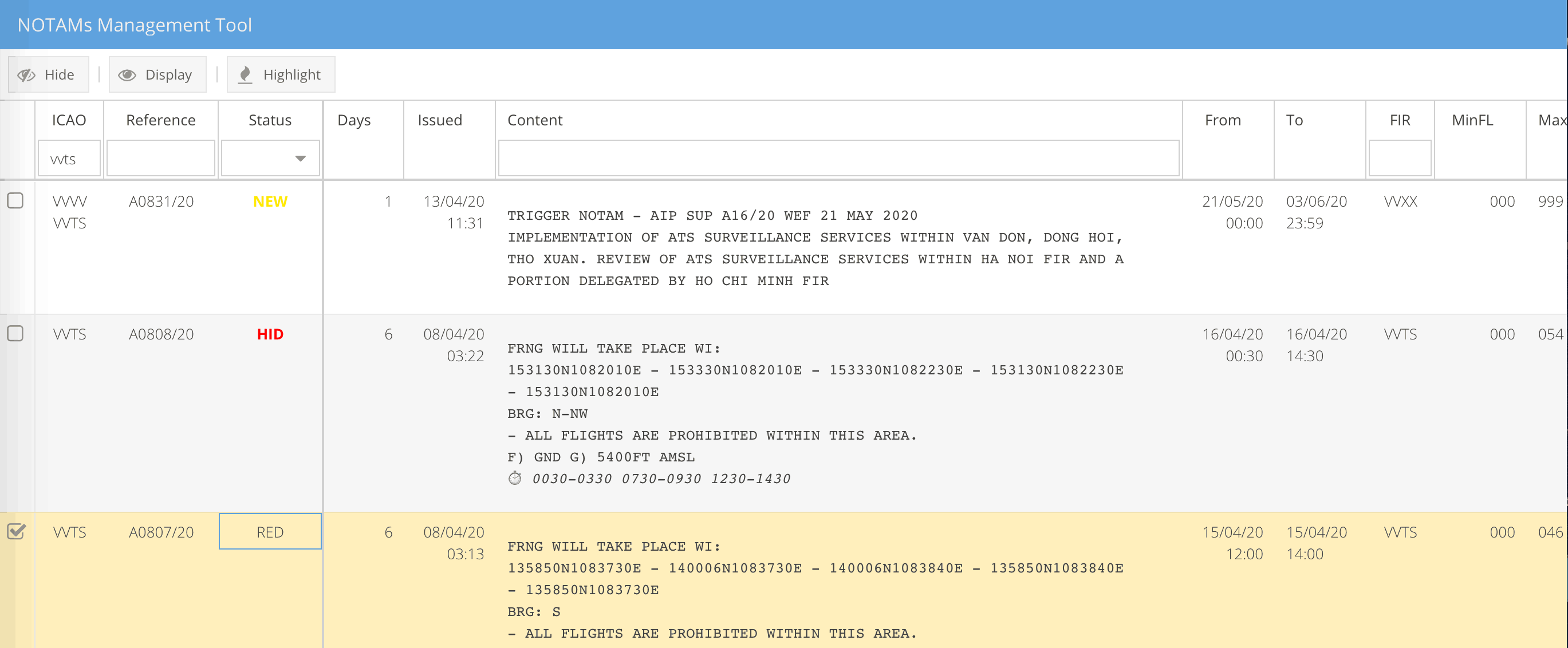 NOTAMs Manager interface showing filtered and organized NOTAMs